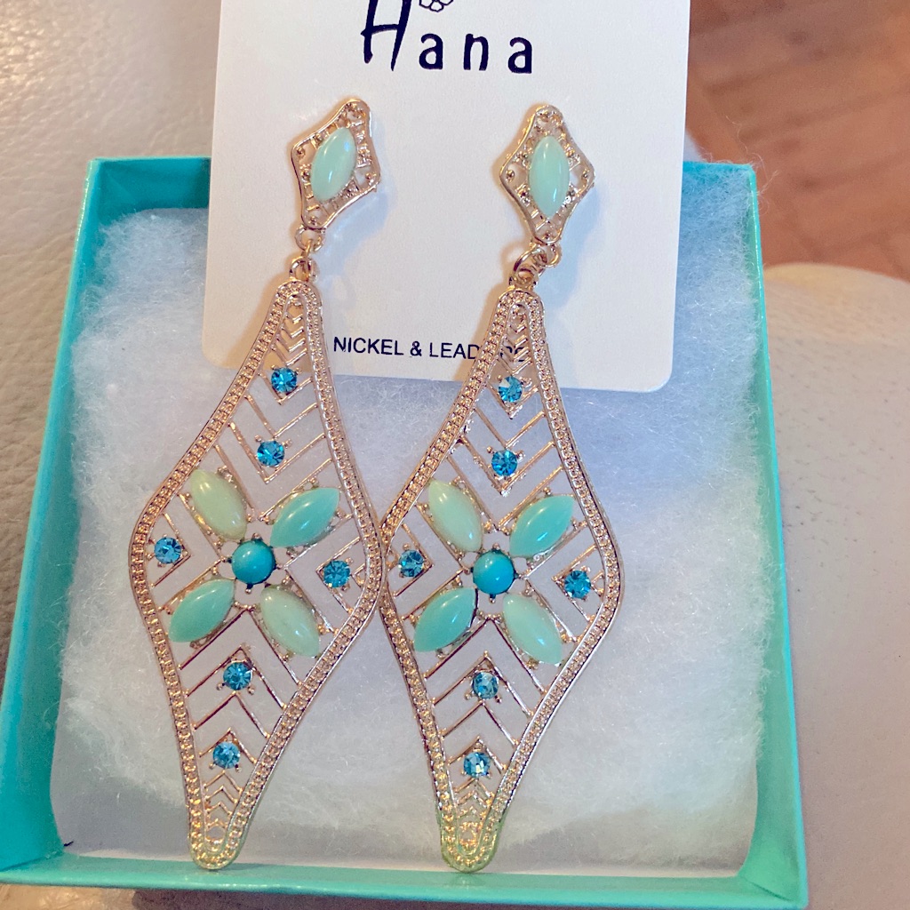Green Stone Gold Tone Steel Statement Earrings